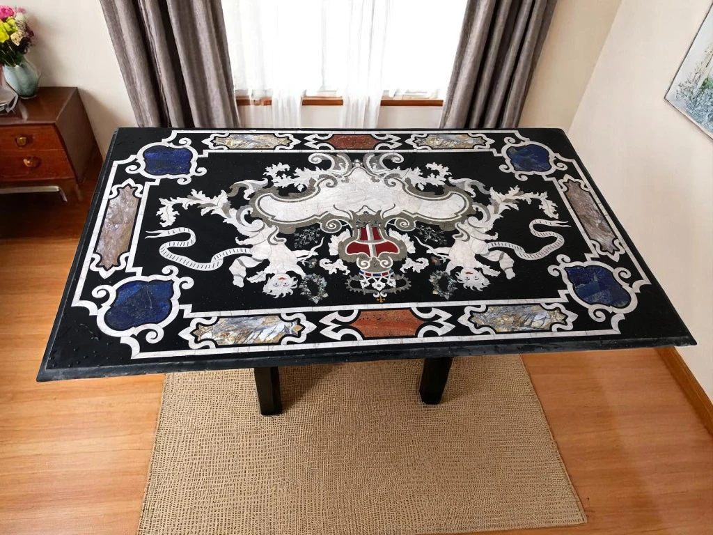 Farmhouse Black Marble Dining Room Table Decor - Handcrafted Stone Inlay
